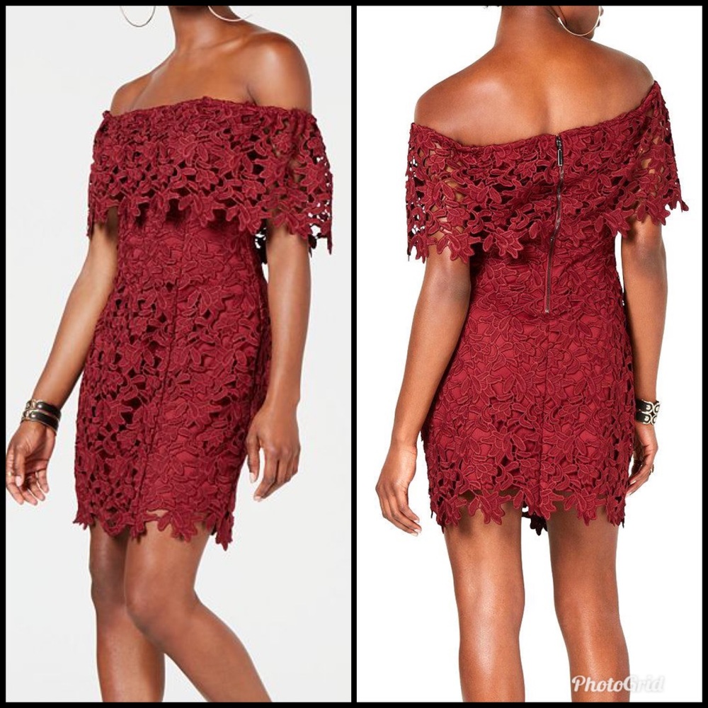 Guess Enna Lace Off-The-Shoulder Dress (burgundy color)